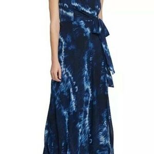 DKNY Navy Blue Tie-Dye Dress / Tie Waist, V-Neck, Midi Length SZ 4
